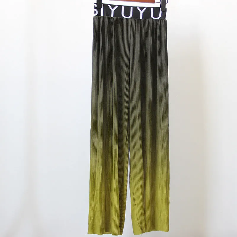 Summer Popular Gradient Slim Look High Waist Thin Fold Loose Casual Ice Silk Wide Leg Long Pants Women Pants