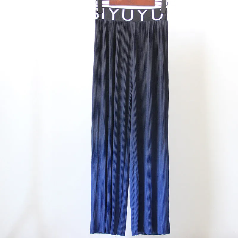 Summer Popular Gradient Slim Look High Waist Thin Fold Loose Casual Ice Silk Wide Leg Long Pants Women Pants