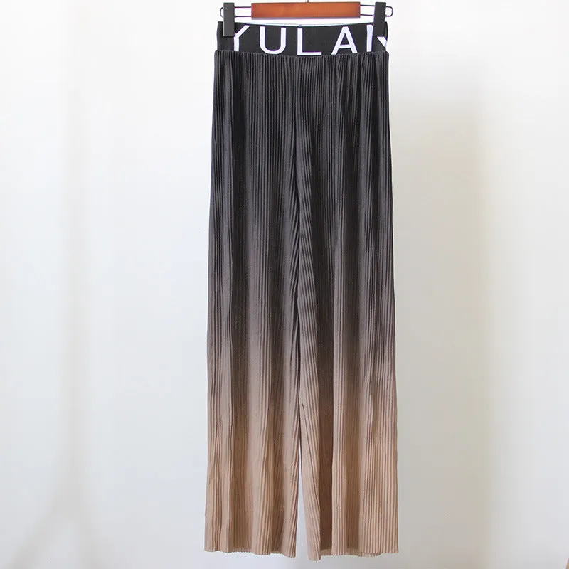 Summer Popular Gradient Slim Look High Waist Thin Fold Loose Casual Ice Silk Wide Leg Long Pants Women Pants