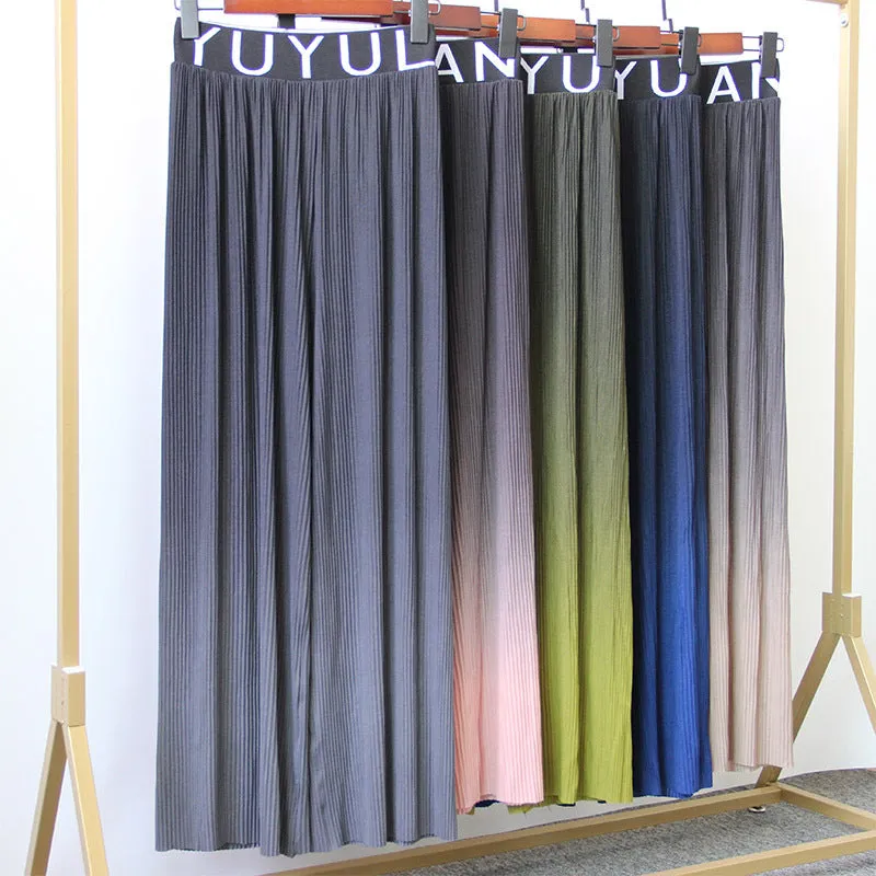 Summer Popular Gradient Slim Look High Waist Thin Fold Loose Casual Ice Silk Wide Leg Long Pants Women Pants