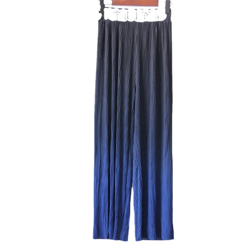 Summer Popular Gradient Slim Look High Waist Thin Fold Loose Casual Ice Silk Wide Leg Long Pants Women Pants