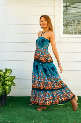 Teal Paisley Tiered SunDress Maxi Dress