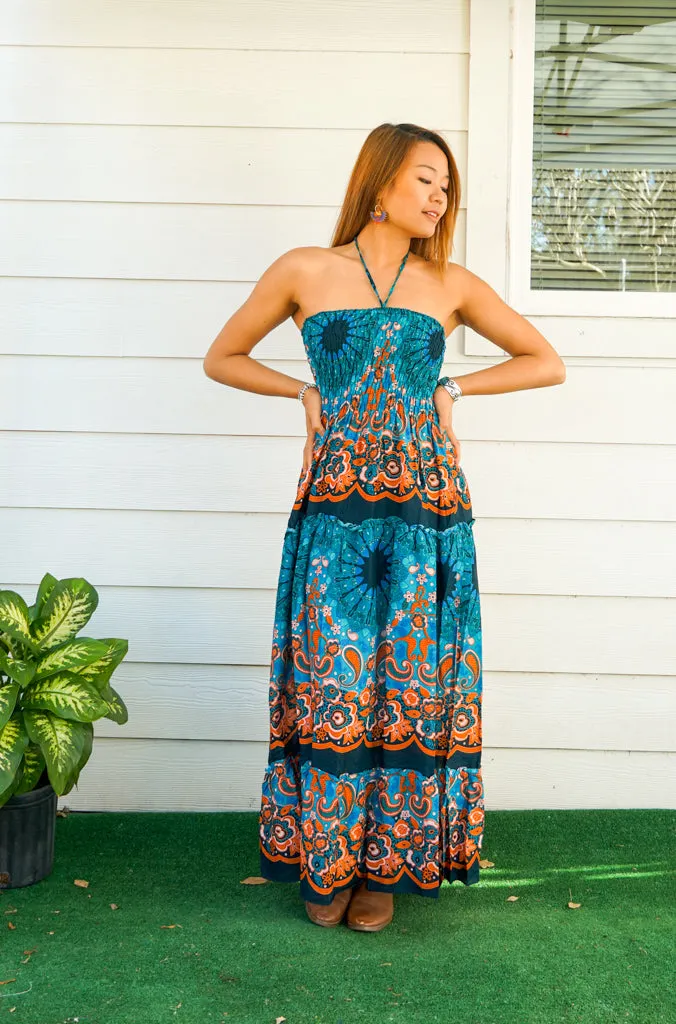 Teal Paisley Tiered SunDress Maxi Dress