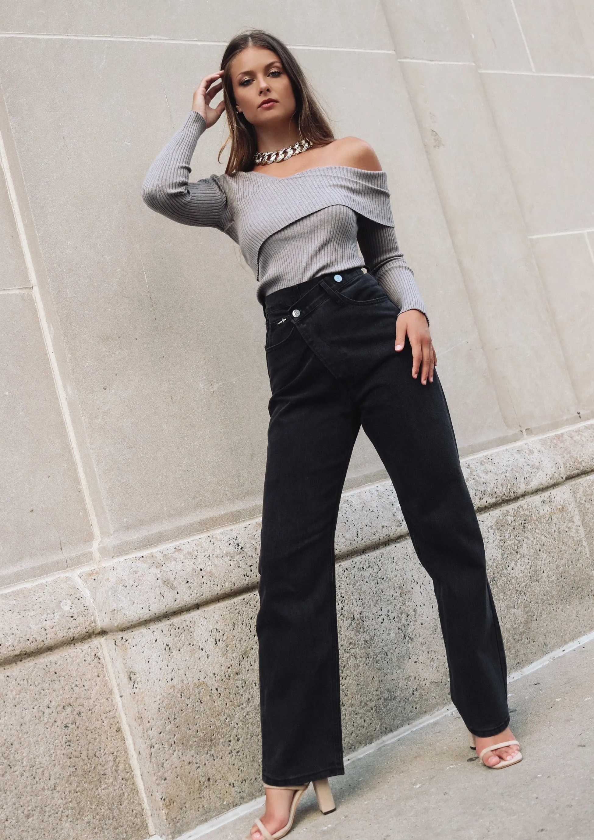 Tory Grey One Shoulder Knit Top
