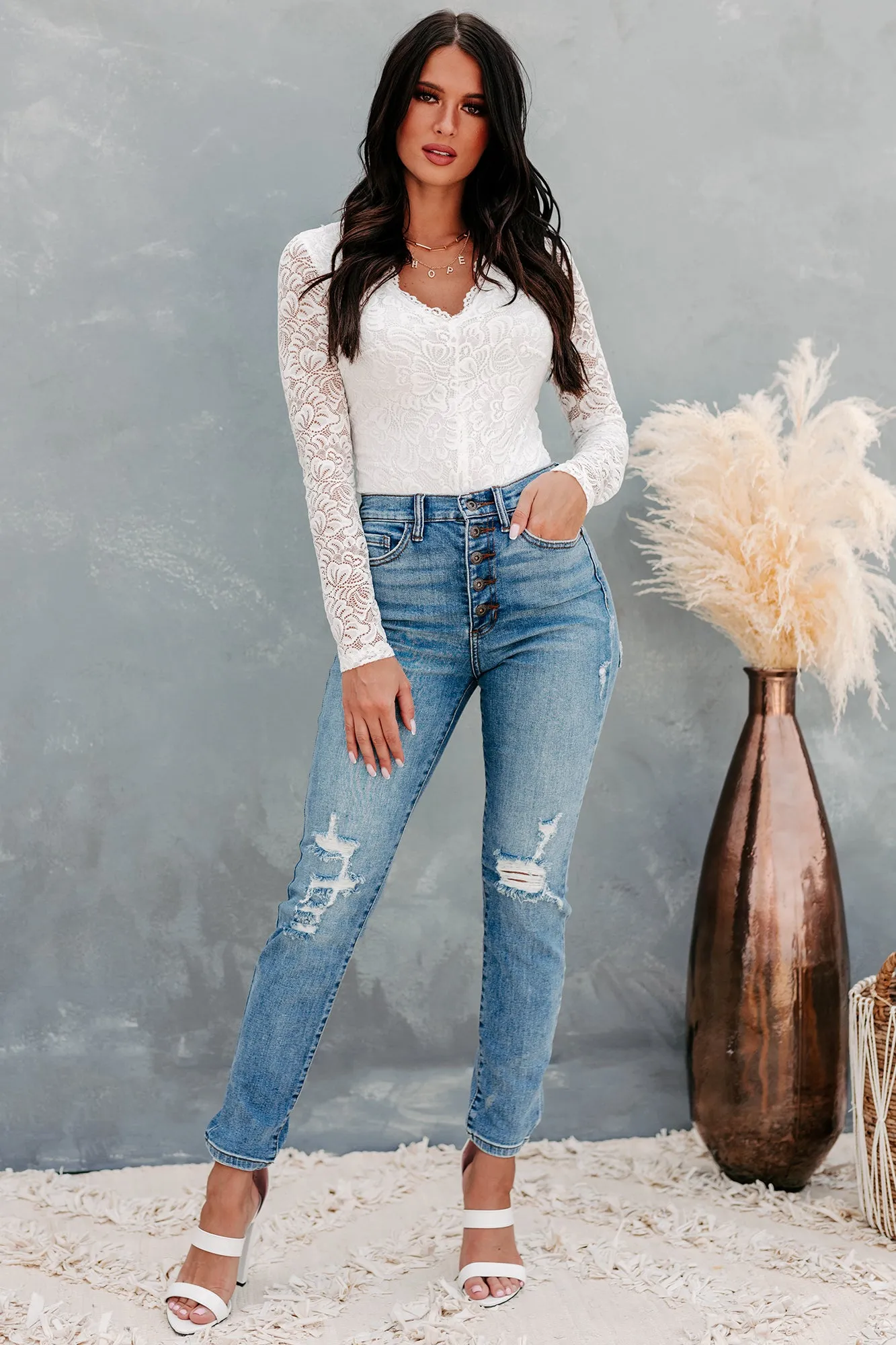 Touch Of Perfection Long Sleeve Lace Bodysuit (Off White)