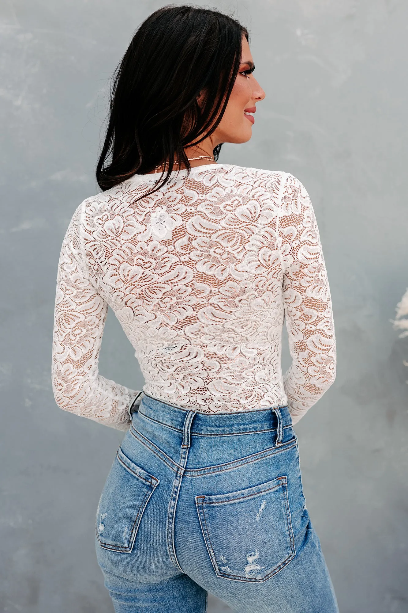 Touch Of Perfection Long Sleeve Lace Bodysuit (Off White)