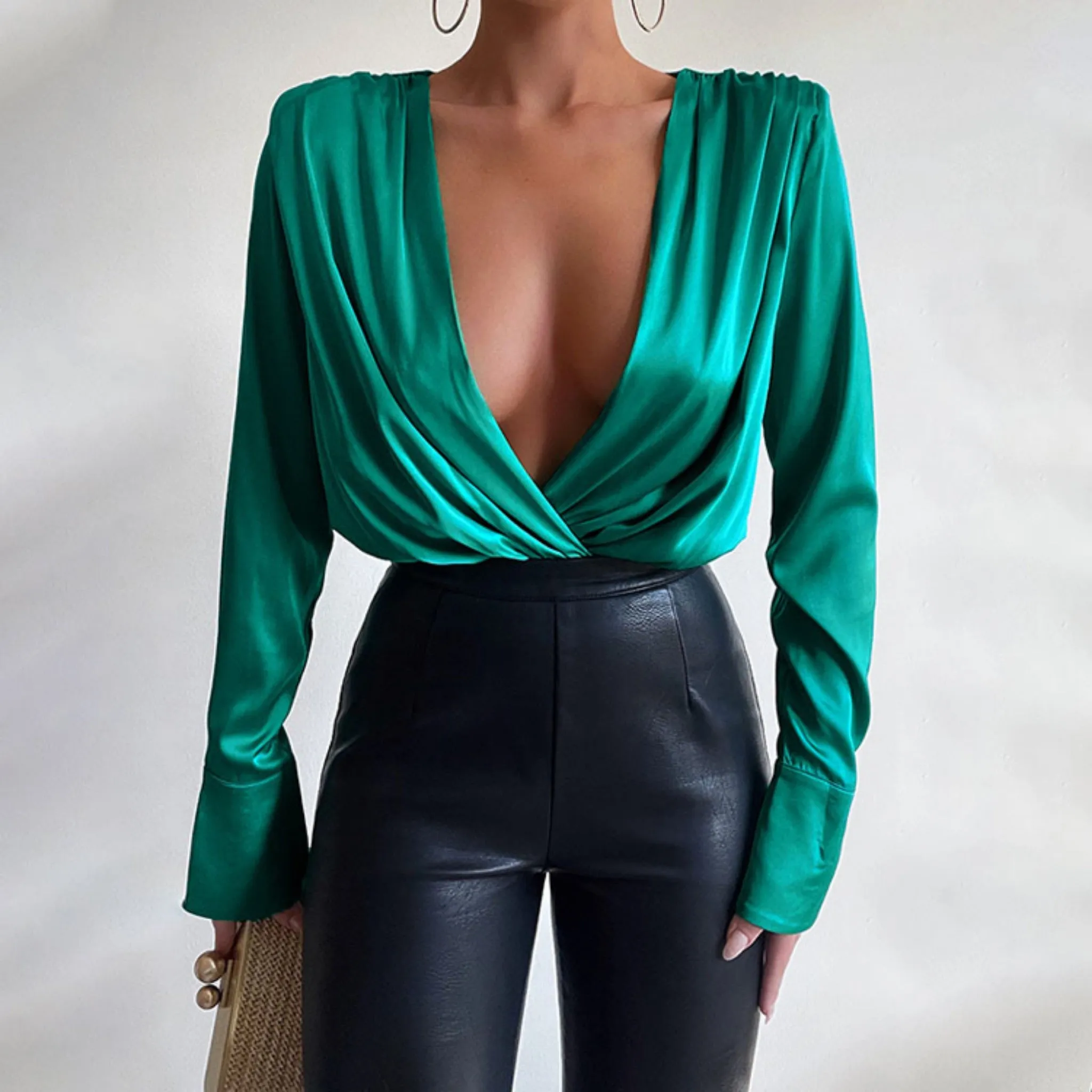 V-Neck Pleated Bodysuit