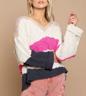 v-neck popcorn colorblock sweater - fuchsia/charcoal multi
