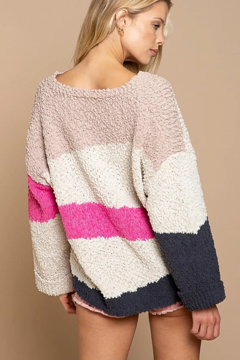 v-neck popcorn colorblock sweater - fuchsia/charcoal multi