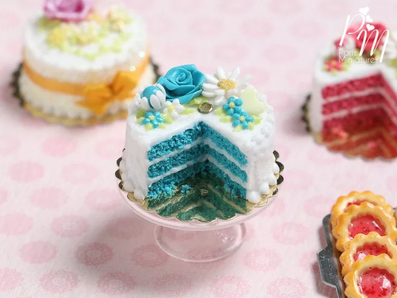 Velvet Layer Cake Decorated with Hand-sculpted Rose – Aqua/Turquoise - Miniature Food