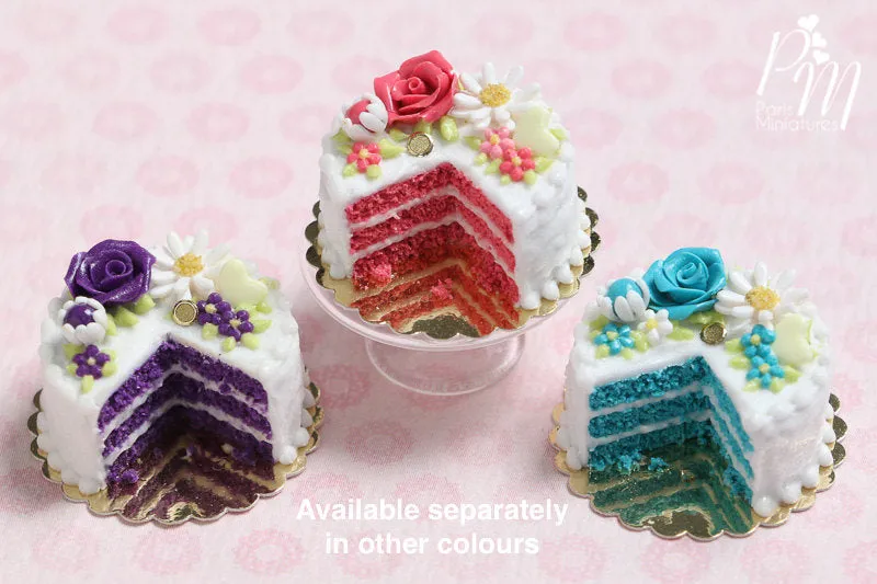 Velvet Layer Cake Decorated with Hand-sculpted Rose – Aqua/Turquoise - Miniature Food