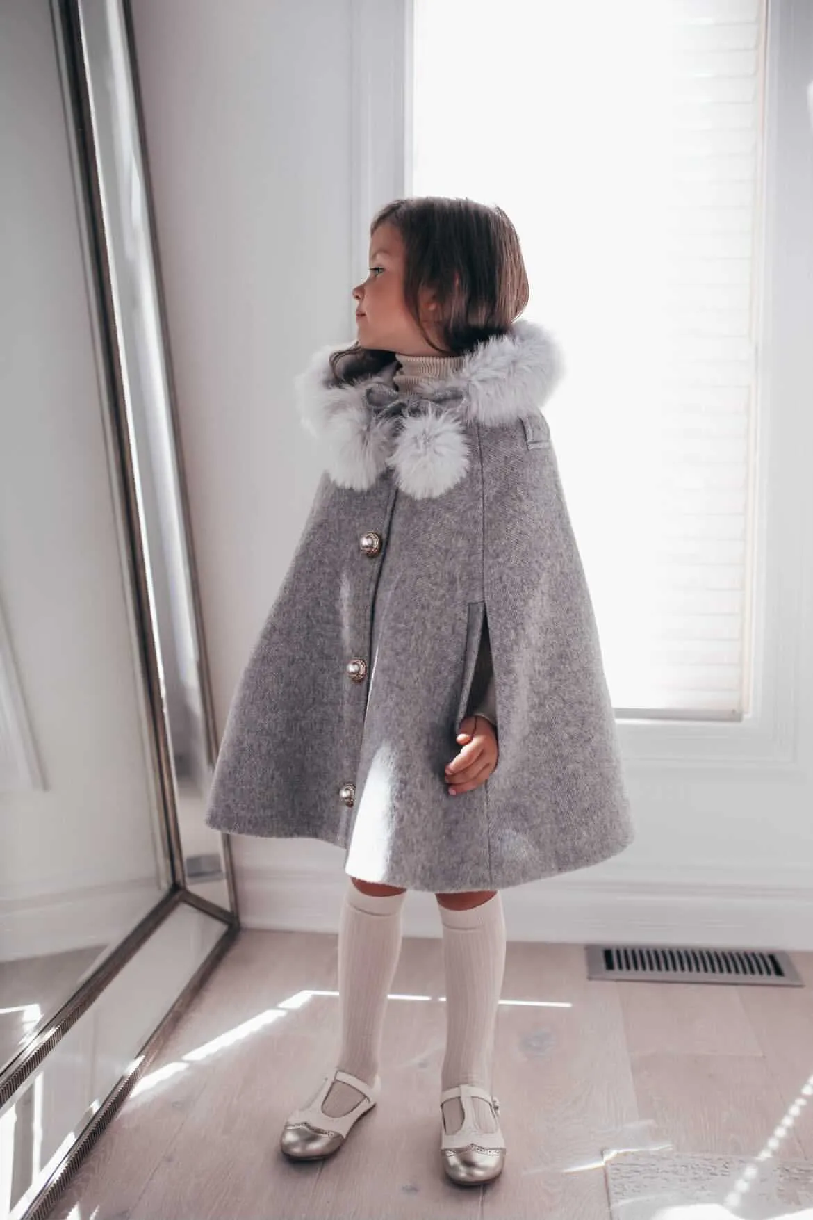 Victoria for MI LOVES Collaboration!!Beautiful DOVE Cape with Luxurious Fox fur Collar and pom-poms.