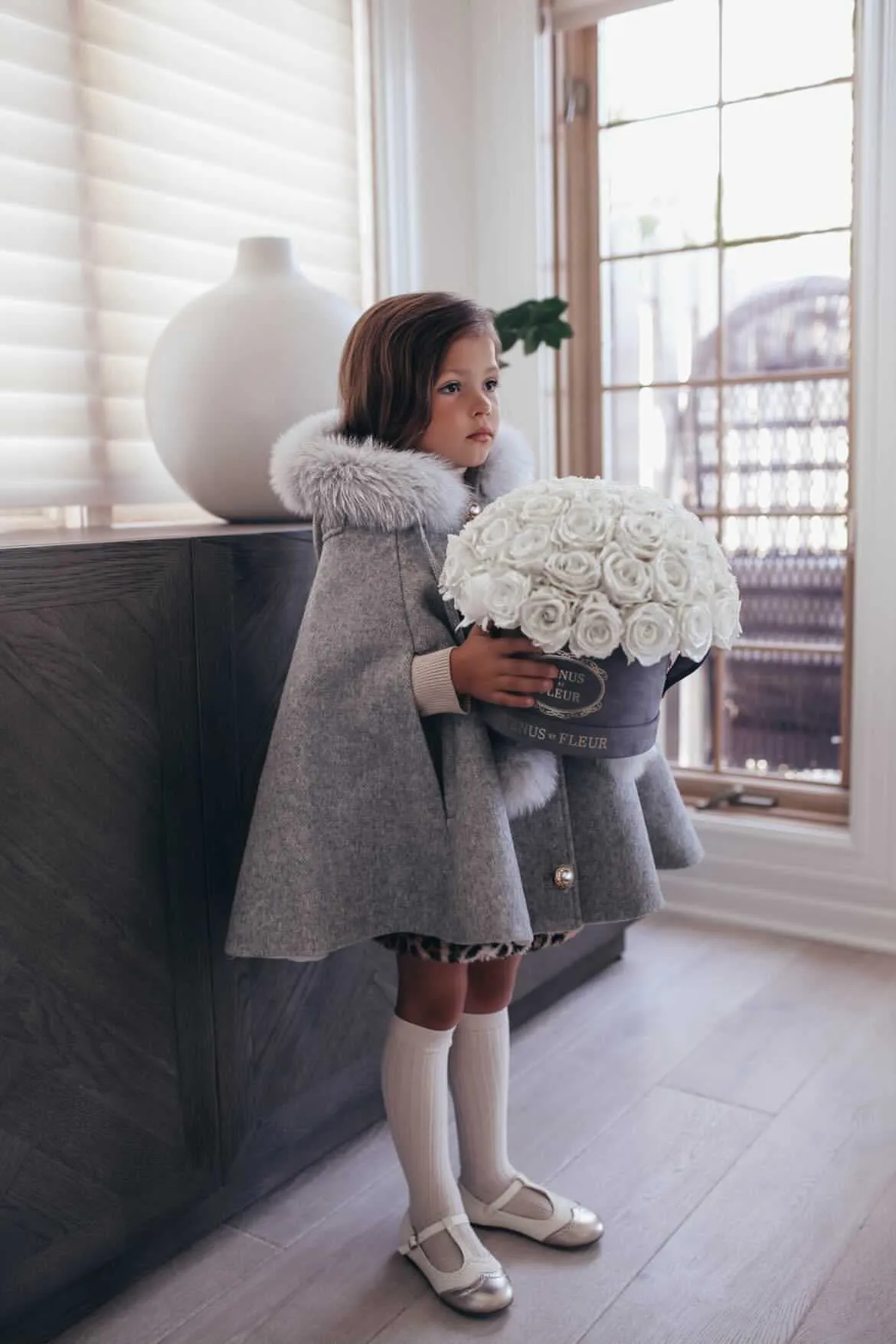 Victoria for MI LOVES Collaboration!!Beautiful DOVE Cape with Luxurious Fox fur Collar and pom-poms.