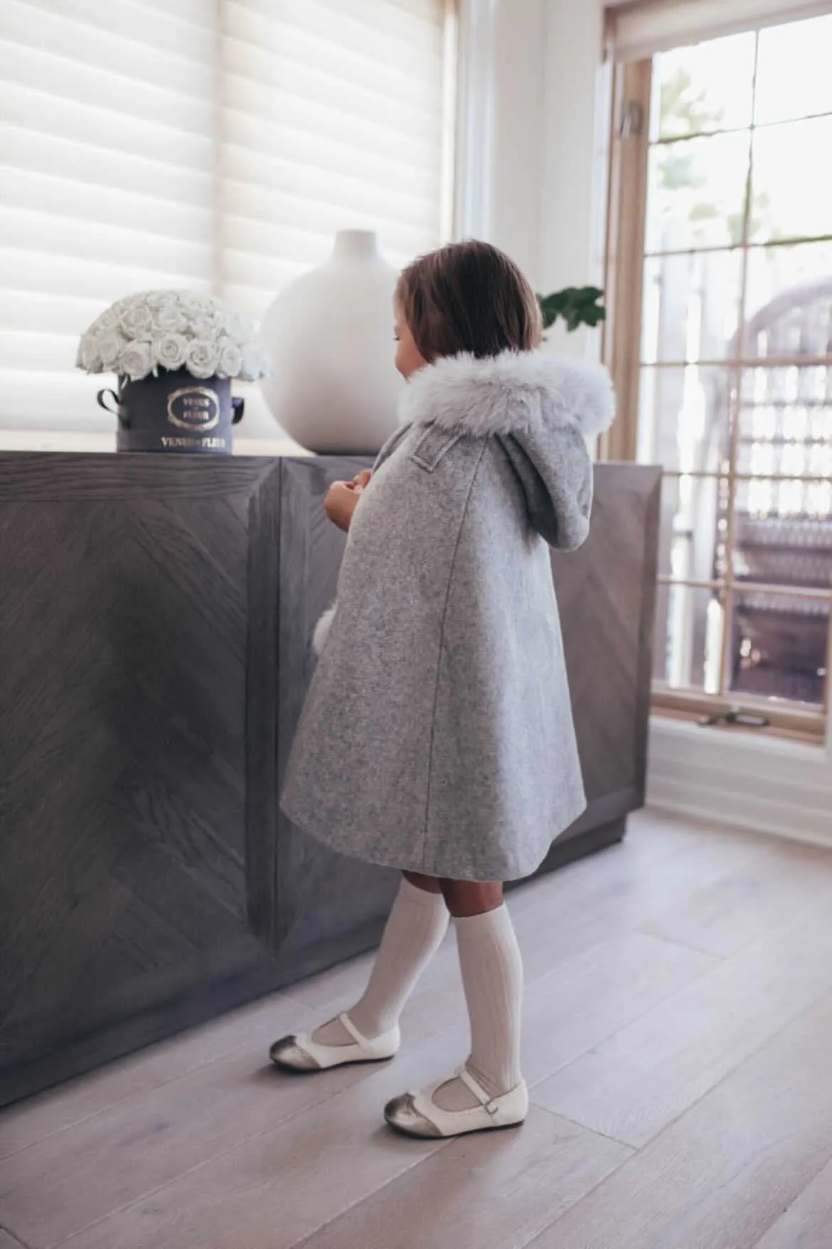 Victoria for MI LOVES Collaboration!!Beautiful DOVE Cape with Luxurious Fox fur Collar and pom-poms.