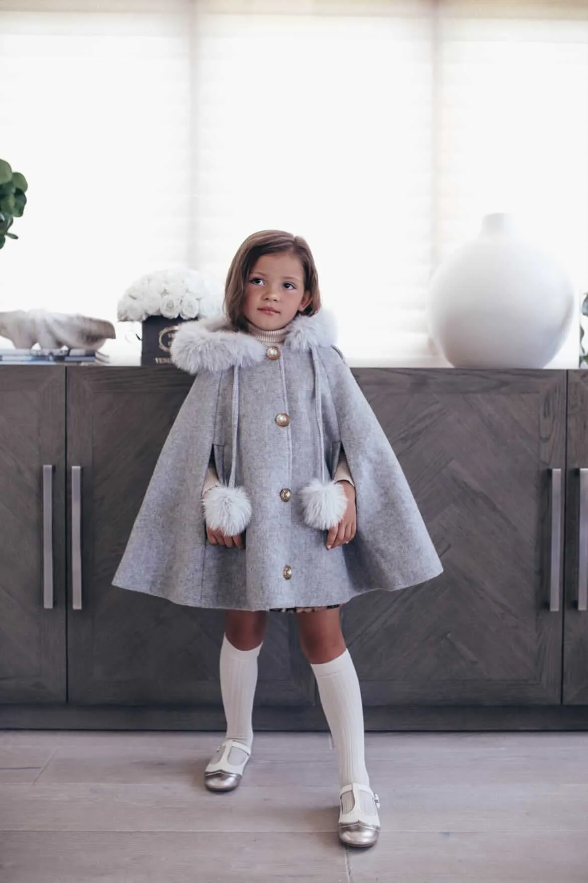 Victoria for MI LOVES Collaboration!!Beautiful DOVE Cape with Luxurious Fox fur Collar and pom-poms.