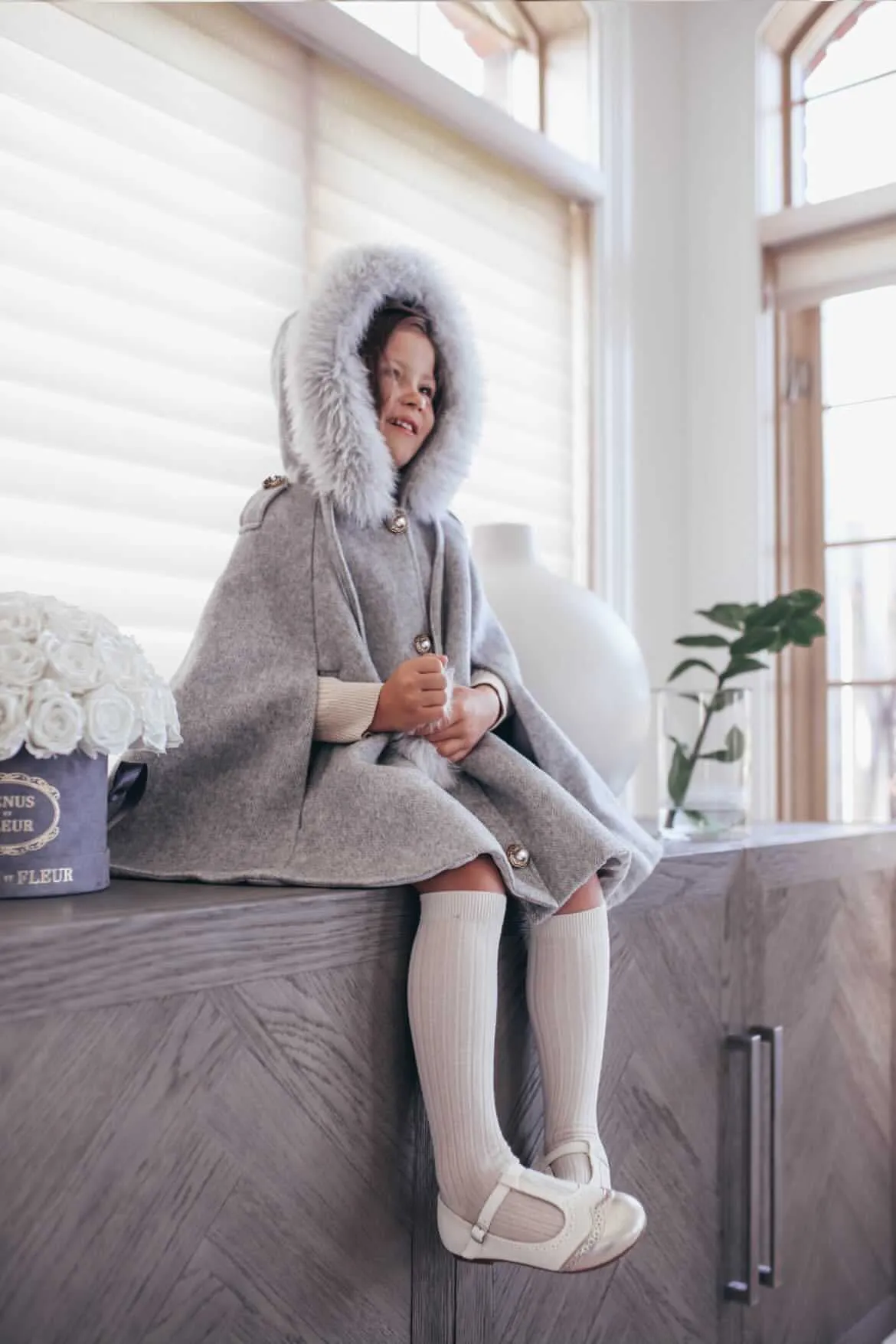 Victoria for MI LOVES Collaboration!!Beautiful DOVE Cape with Luxurious Fox fur Collar and pom-poms.