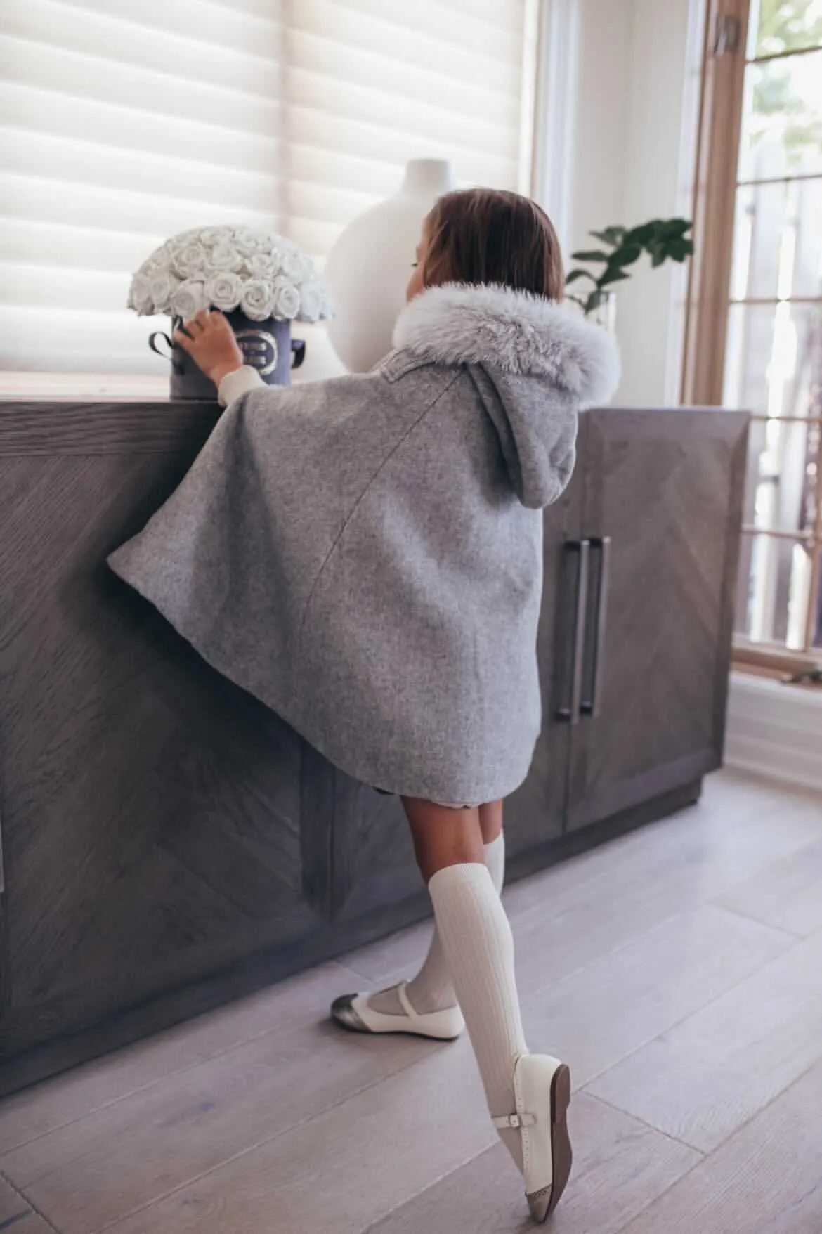 Victoria for MI LOVES Collaboration!!Beautiful DOVE Cape with Luxurious Fox fur Collar and pom-poms.