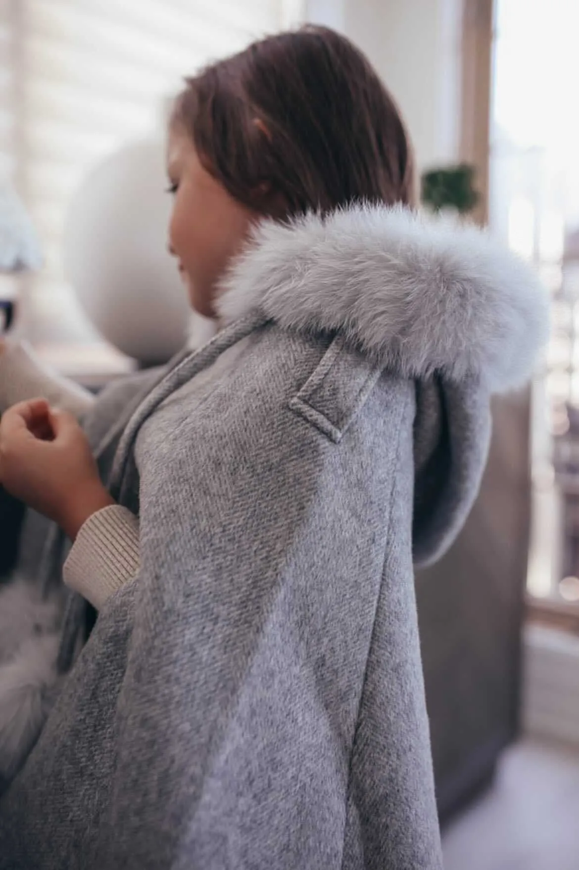 Victoria for MI LOVES Collaboration!!Beautiful DOVE Cape with Luxurious Fox fur Collar and pom-poms.