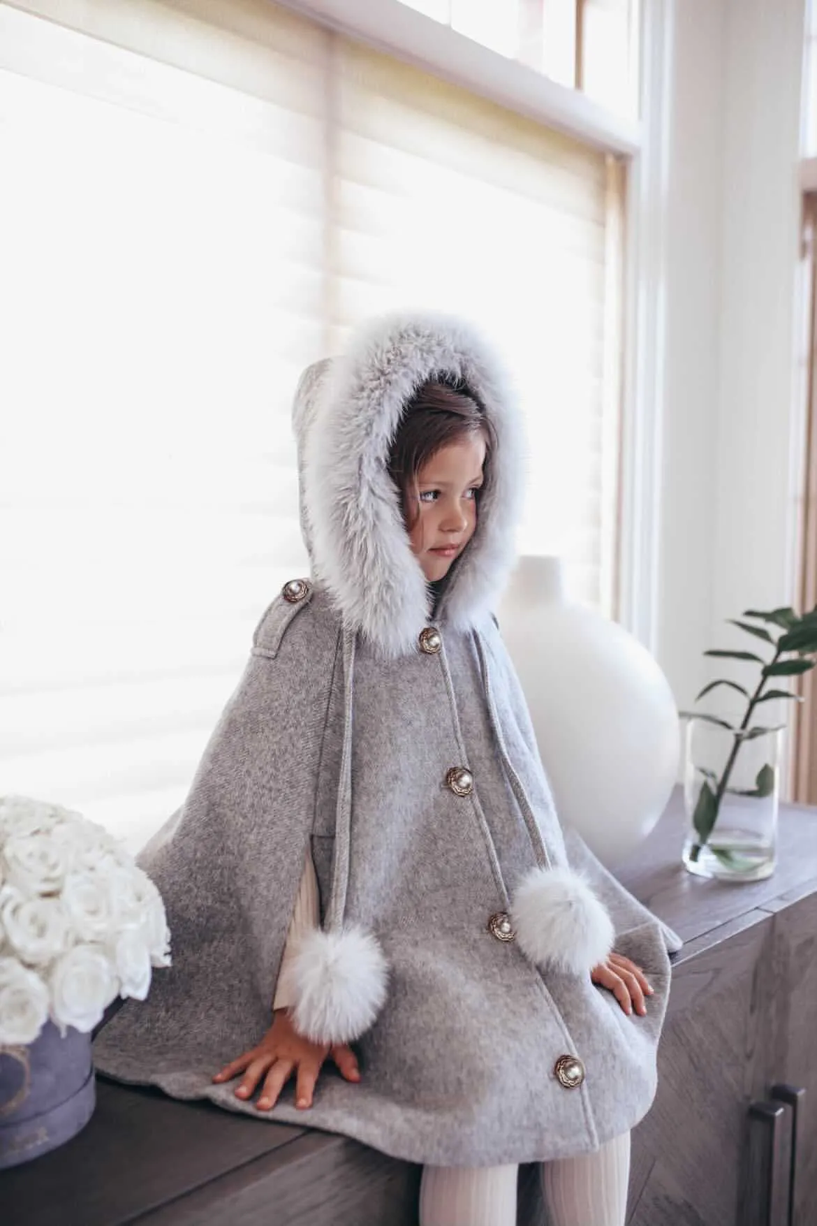 Victoria for MI LOVES Collaboration!!Beautiful DOVE Cape with Luxurious Fox fur Collar and pom-poms.