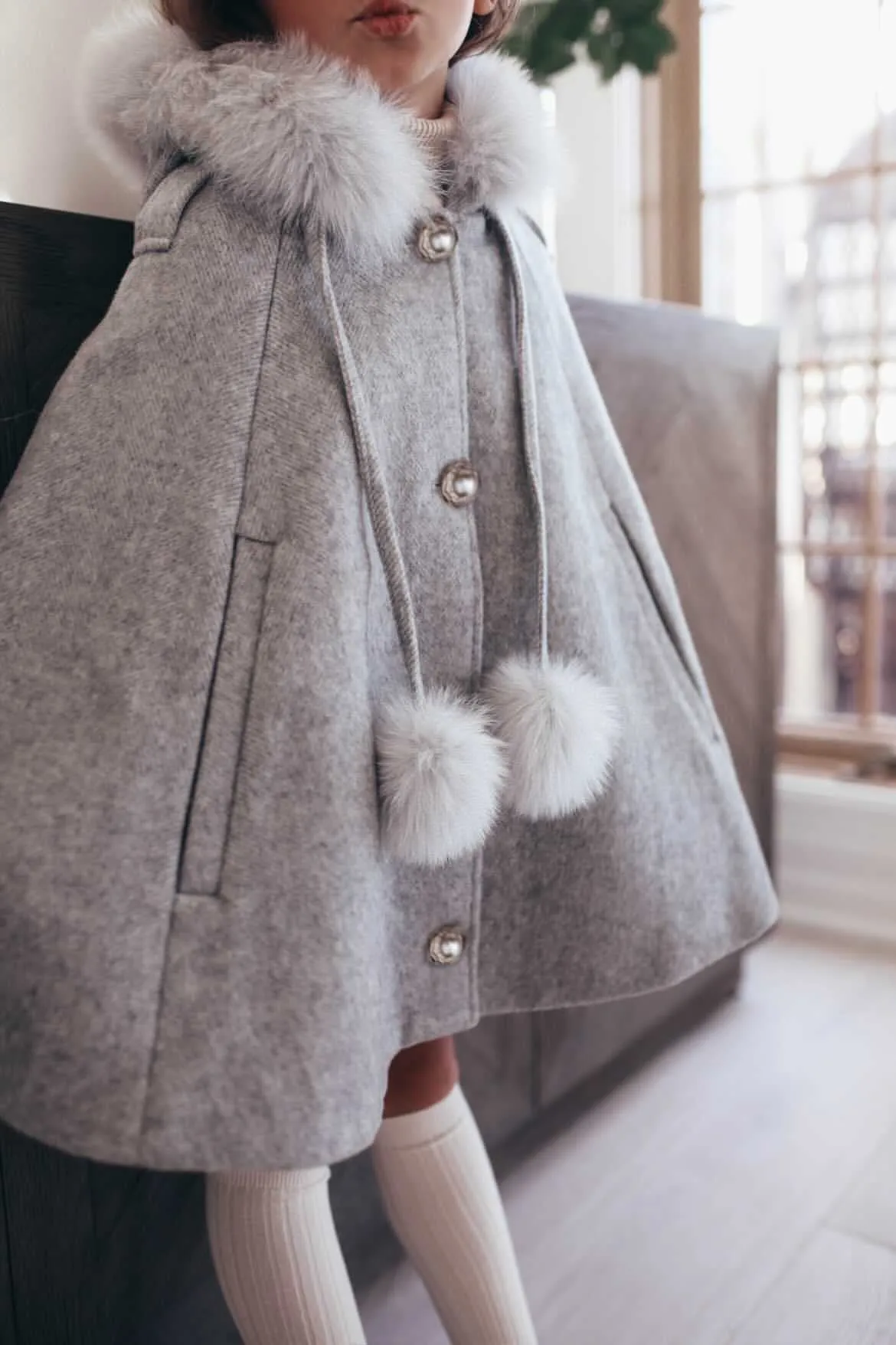 Victoria for MI LOVES Collaboration!!Beautiful DOVE Cape with Luxurious Fox fur Collar and pom-poms.