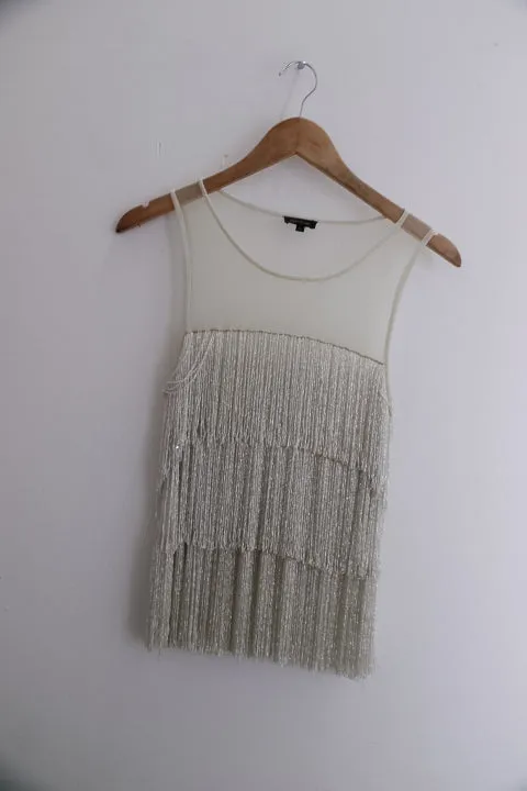 Vintage River Island Premium Embellished Fringe White Medium Mini Dress