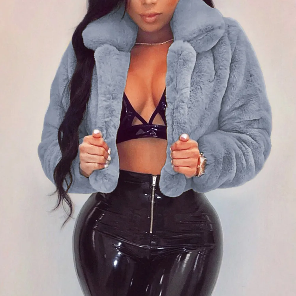 Warm Fluffy Faux Fur Cropped Jacket Turn Down Collar Open Front