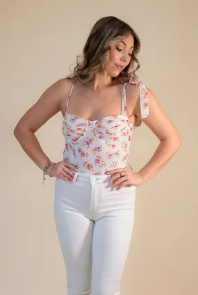 White Floral Romance Bustier Tie-Strap Bodysuit