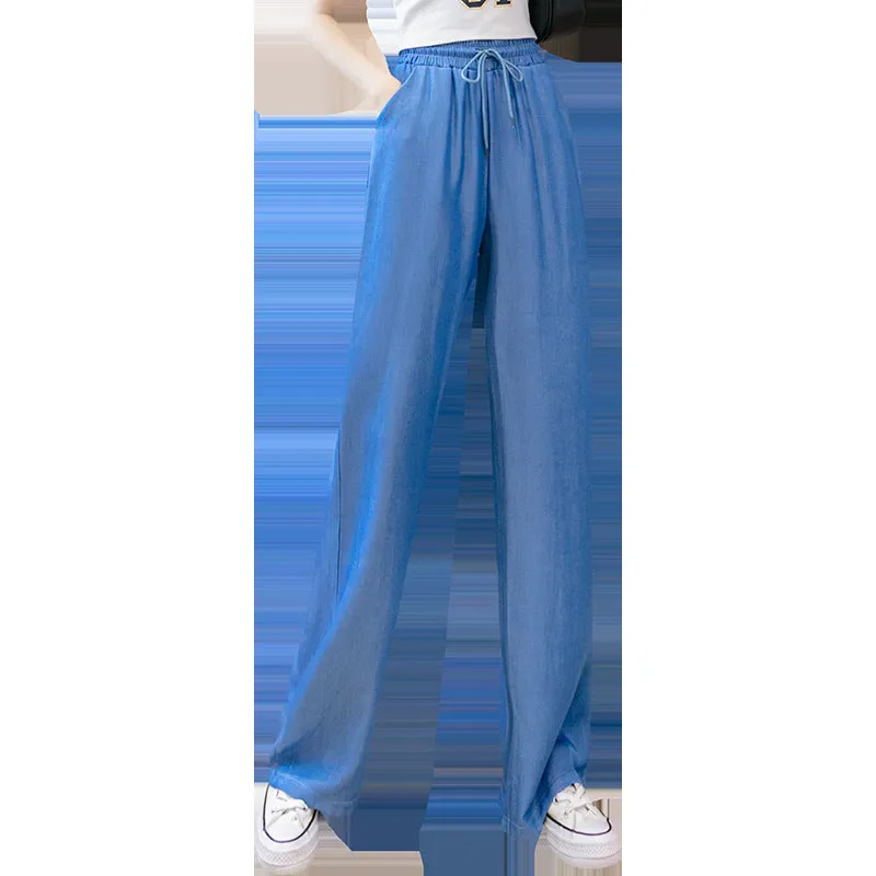Wide Leg Pants Women High Waist Drape Straight Loose Slim Look Denim Long Ice Silk Jeans Pants