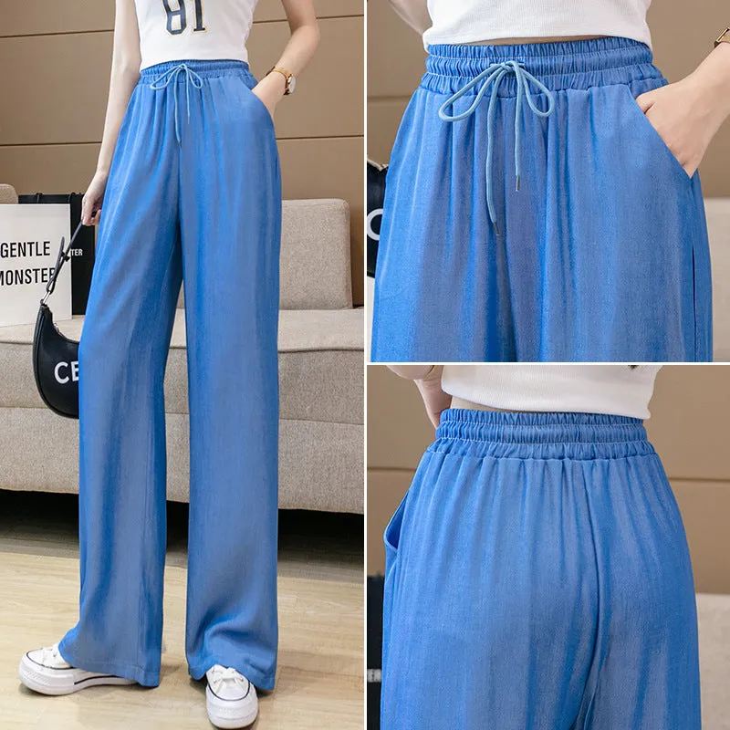 Wide Leg Pants Women High Waist Drape Straight Loose Slim Look Denim Long Ice Silk Jeans Pants
