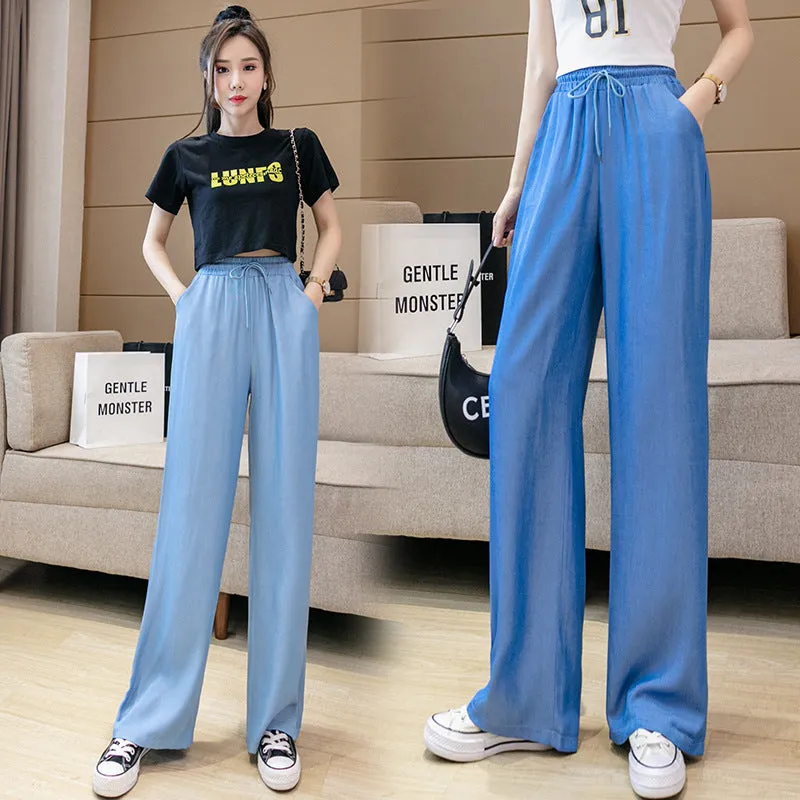 Wide Leg Pants Women High Waist Drape Straight Loose Slim Look Denim Long Ice Silk Jeans Pants