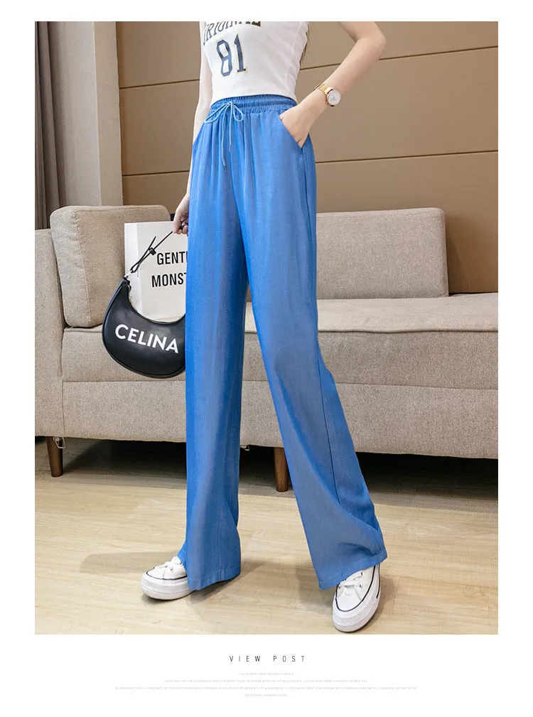 Wide Leg Pants Women High Waist Drape Straight Loose Slim Look Denim Long Ice Silk Jeans Pants