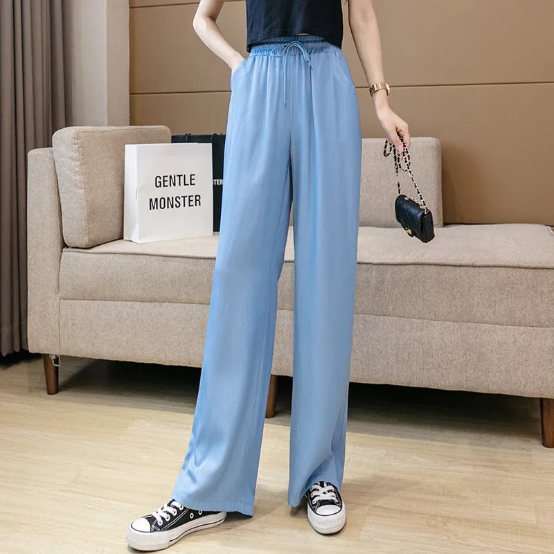 Wide Leg Pants Women High Waist Drape Straight Loose Slim Look Denim Long Ice Silk Jeans Pants