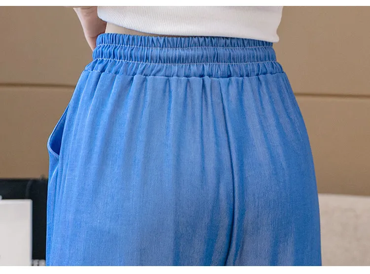 Wide Leg Pants Women High Waist Drape Straight Loose Slim Look Denim Long Ice Silk Jeans Pants