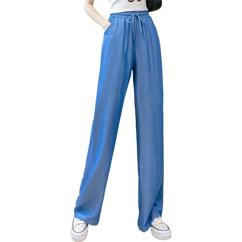 Wide Leg Pants Women High Waist Drape Straight Loose Slim Look Denim Long Ice Silk Jeans Pants