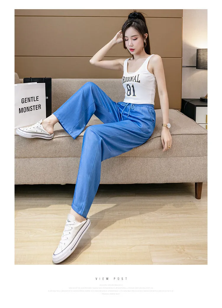 Wide Leg Pants Women High Waist Drape Straight Loose Slim Look Denim Long Ice Silk Jeans Pants