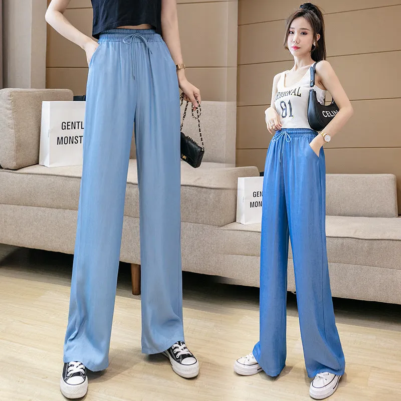 Wide Leg Pants Women High Waist Drape Straight Loose Slim Look Denim Long Ice Silk Jeans Pants