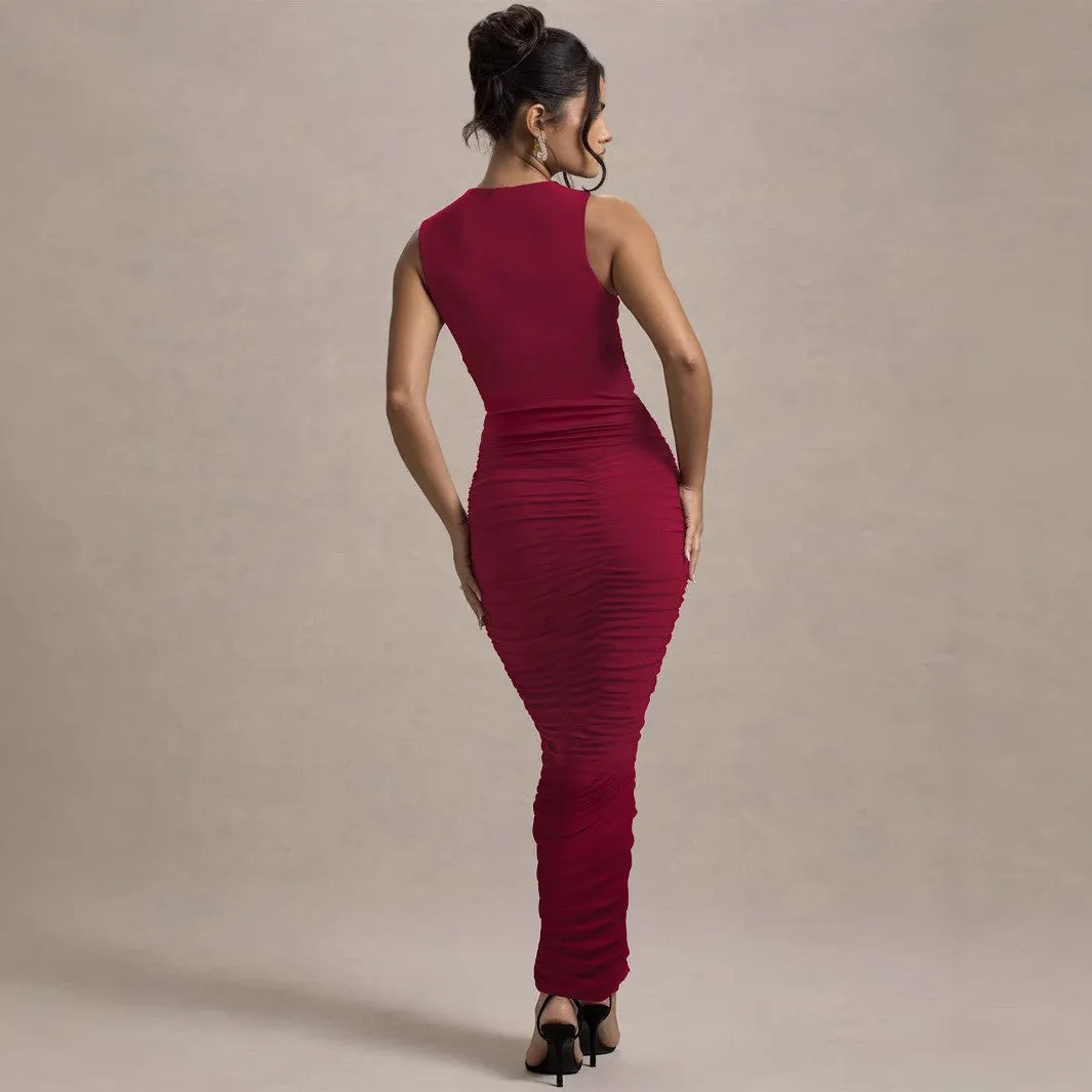 Women Elegant Pleated Slim Sleeveless Sheath Party Dress