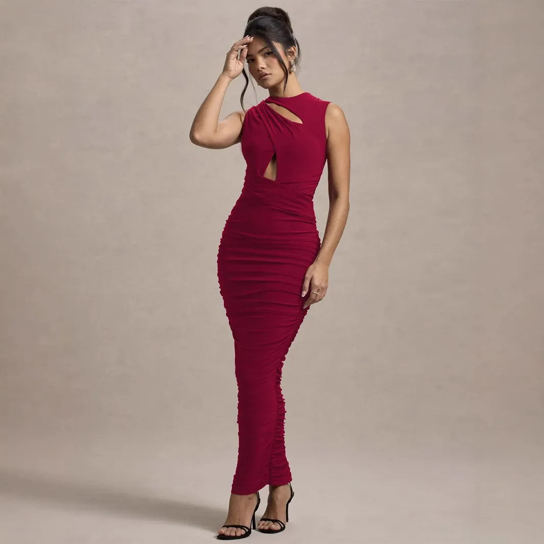 Women Elegant Pleated Slim Sleeveless Sheath Party Dress