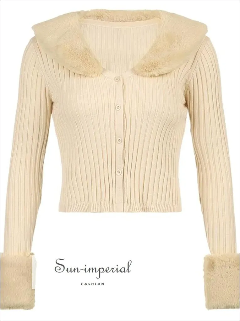 Women Green Plush Faux Fur Collar and Cuff Knit Cropped Cardigan