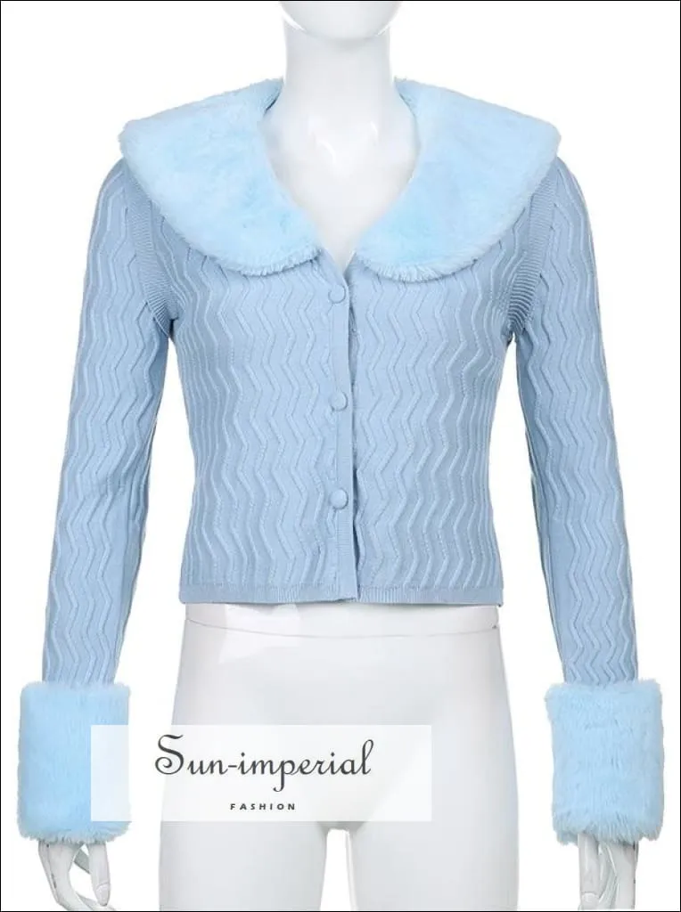 Women Green Plush Faux Fur Collar and Cuff Knit Cropped Cardigan
