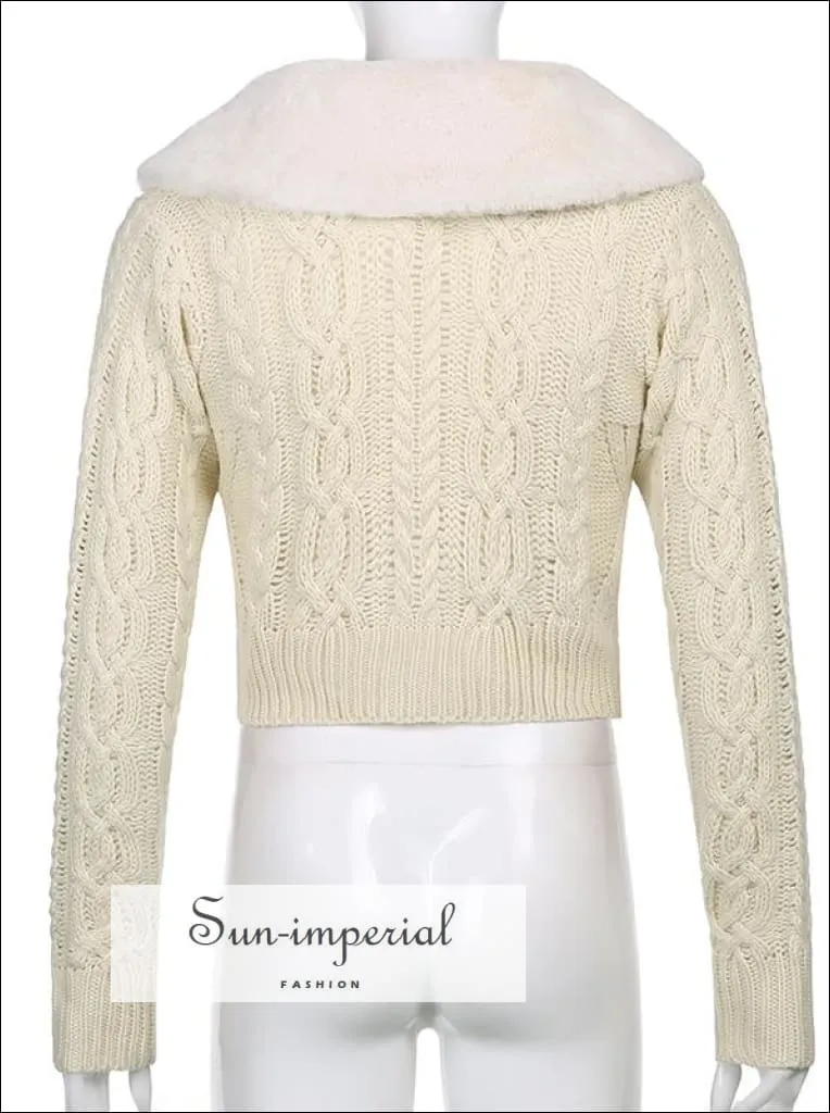 Women Green Plush Faux Fur Collar and Cuff Knit Cropped Cardigan