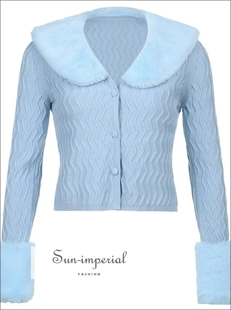 Women Green Plush Faux Fur Collar and Cuff Knit Cropped Cardigan