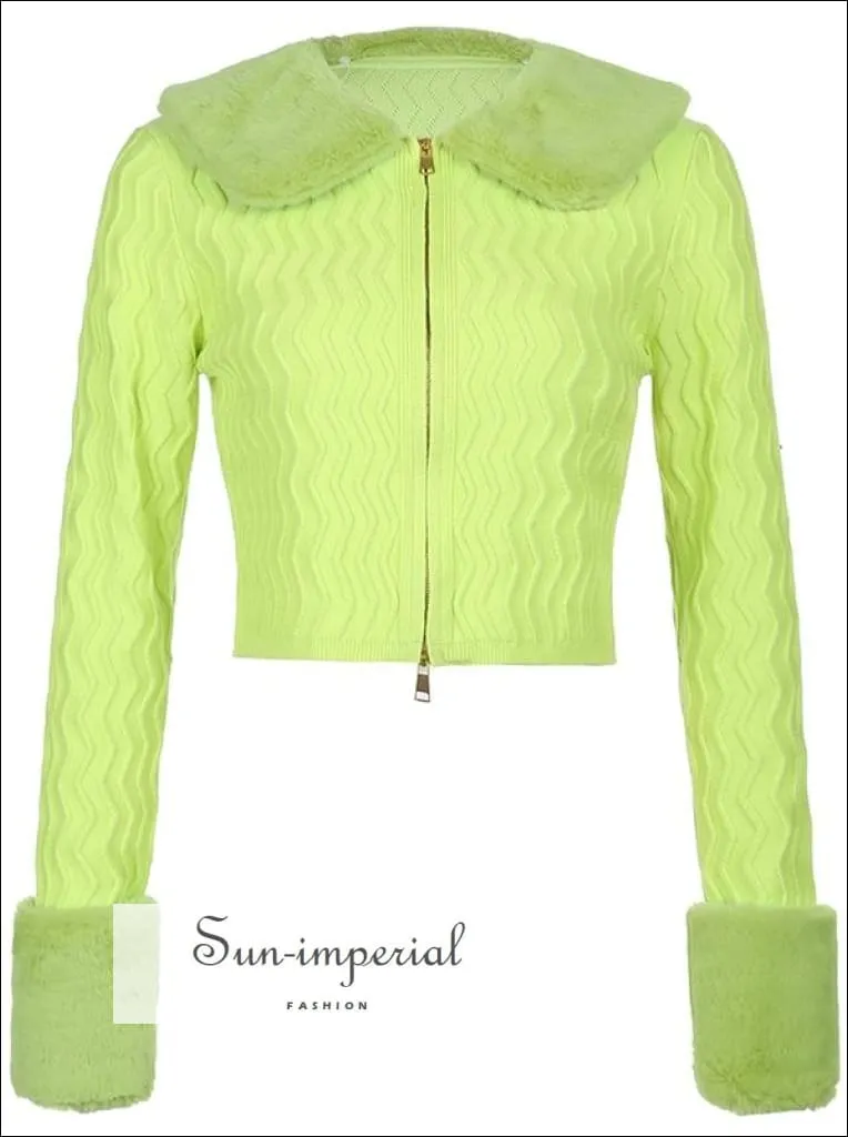 Women Green Plush Faux Fur Collar and Cuff Knit Cropped Cardigan