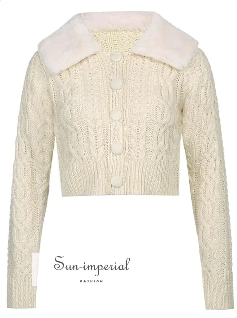 Women Green Plush Faux Fur Collar and Cuff Knit Cropped Cardigan