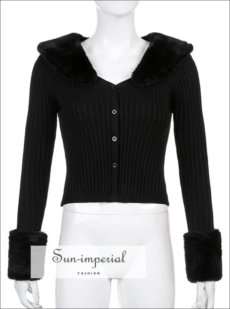 Women Green Plush Faux Fur Collar and Cuff Knit Cropped Cardigan