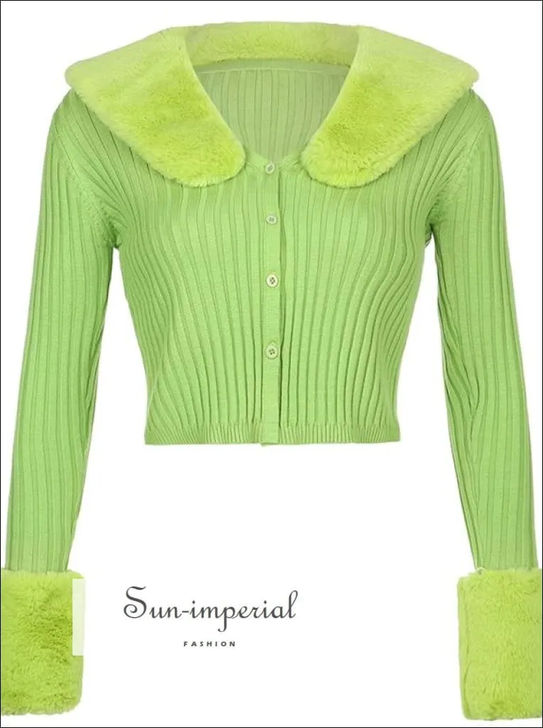 Women Green Plush Faux Fur Collar and Cuff Knit Cropped Cardigan