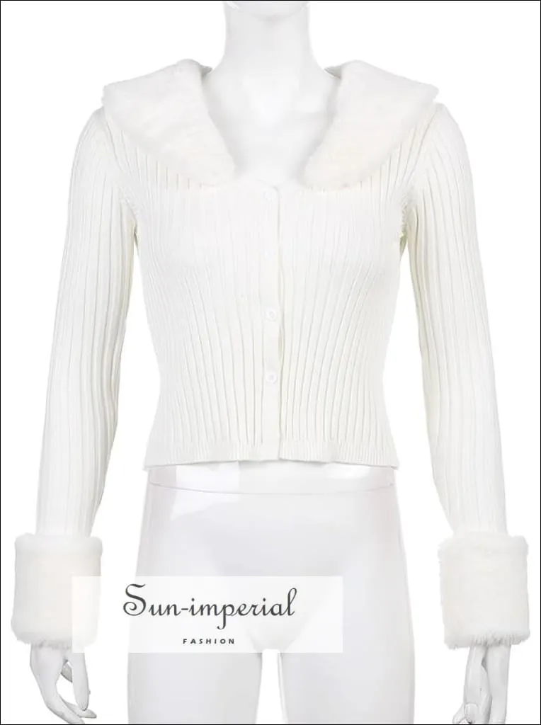 Women Green Plush Faux Fur Collar and Cuff Knit Cropped Cardigan