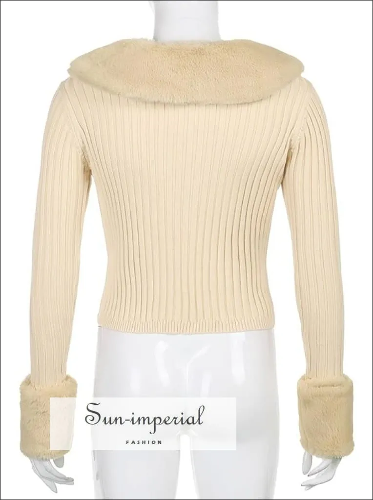 Women Green Plush Faux Fur Collar and Cuff Knit Cropped Cardigan
