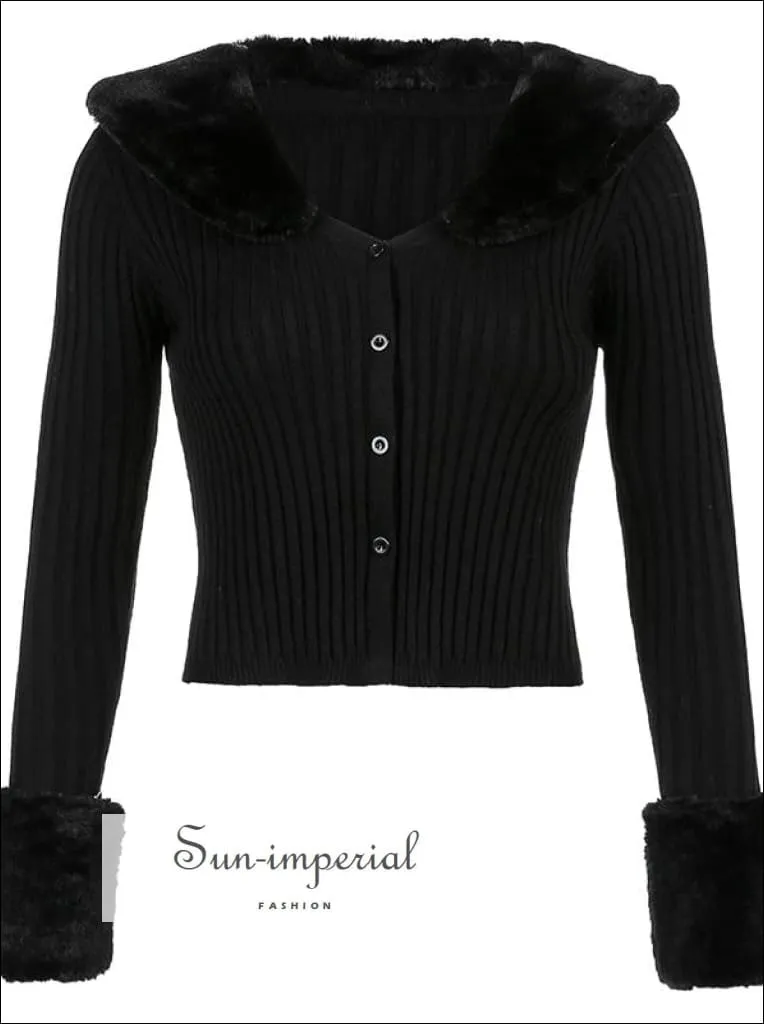 Women Green Plush Faux Fur Collar and Cuff Knit Cropped Cardigan