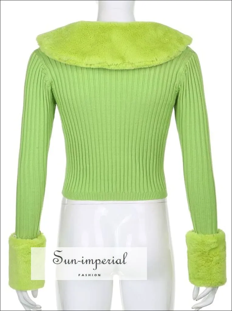 Women Green Plush Faux Fur Collar and Cuff Knit Cropped Cardigan